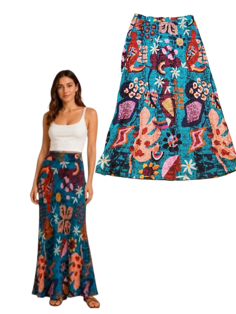NWT Farm Rio Gabriela Multi Colored Tropical Geometric Resortwear Maxi Skirt XL